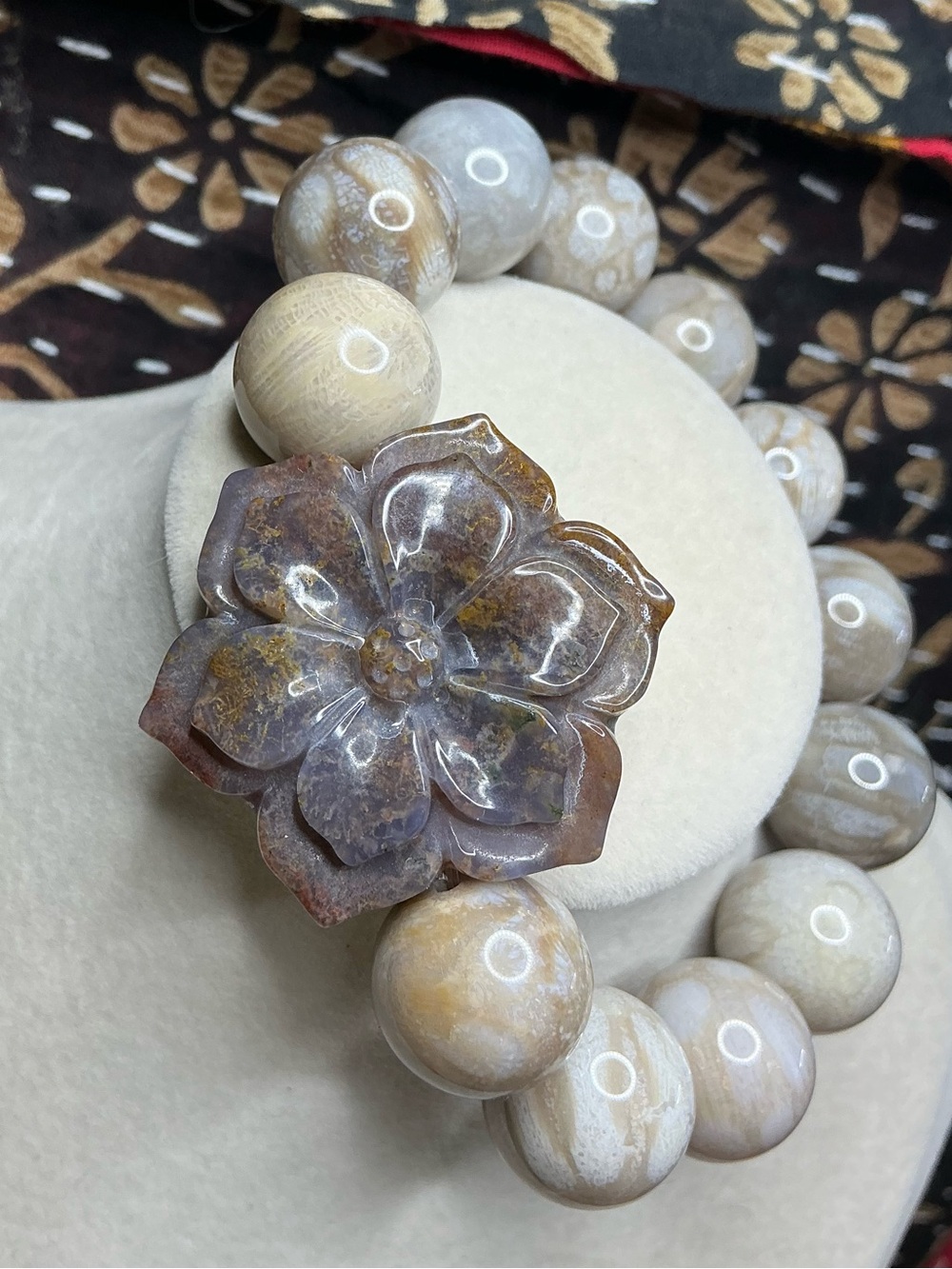 HQ Coral Jade 15mm with Ocean Jasper Flower Carving